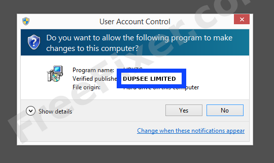 Screenshot where DUPSEE LIMITED appears as the verified publisher in the UAC dialog